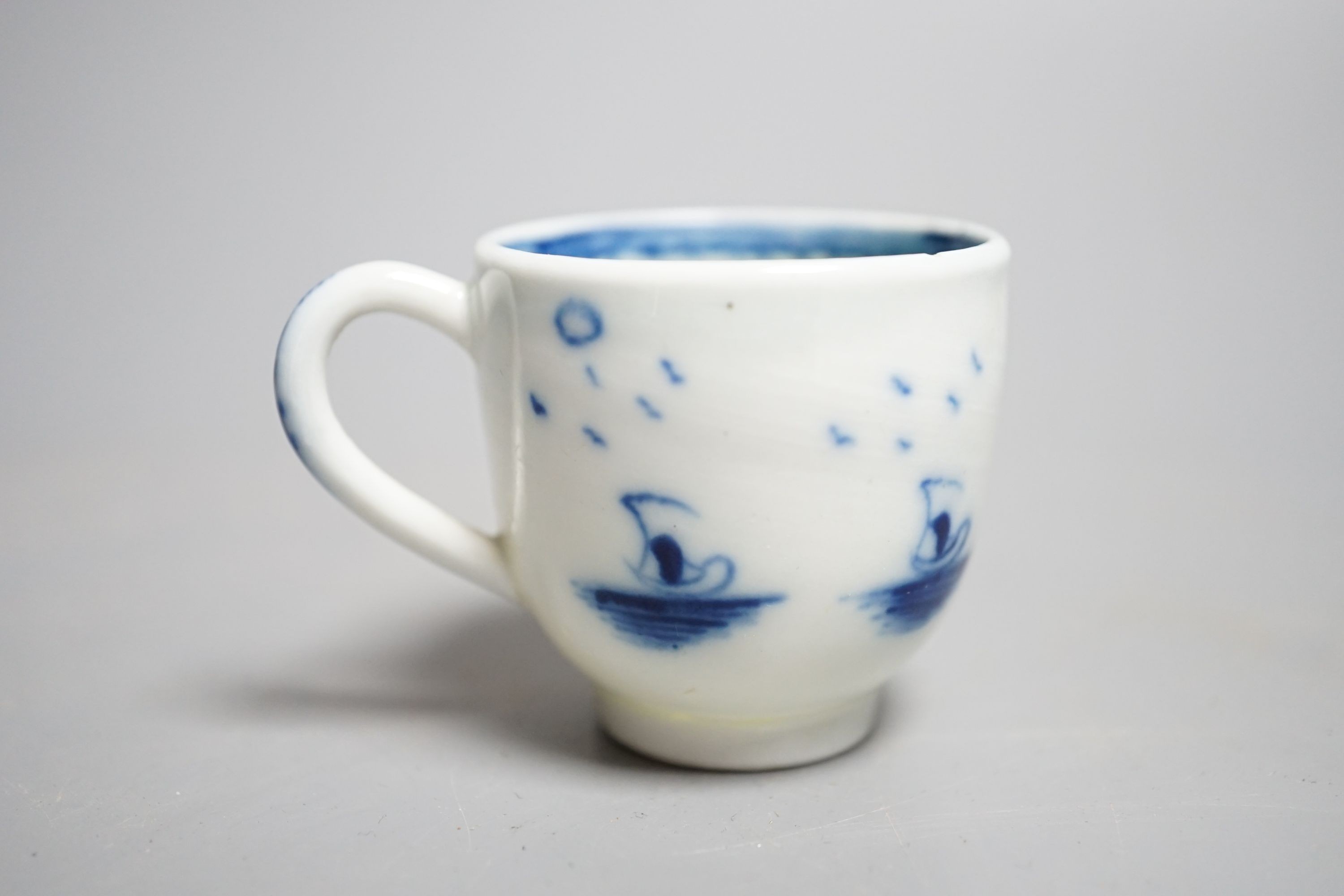 A Caughley 'The Island pattern' blue and white miniature cup, c.1780, 3.4cm. Provenance - Mona Sattin collection of miniature cups and saucers, collection no.16.